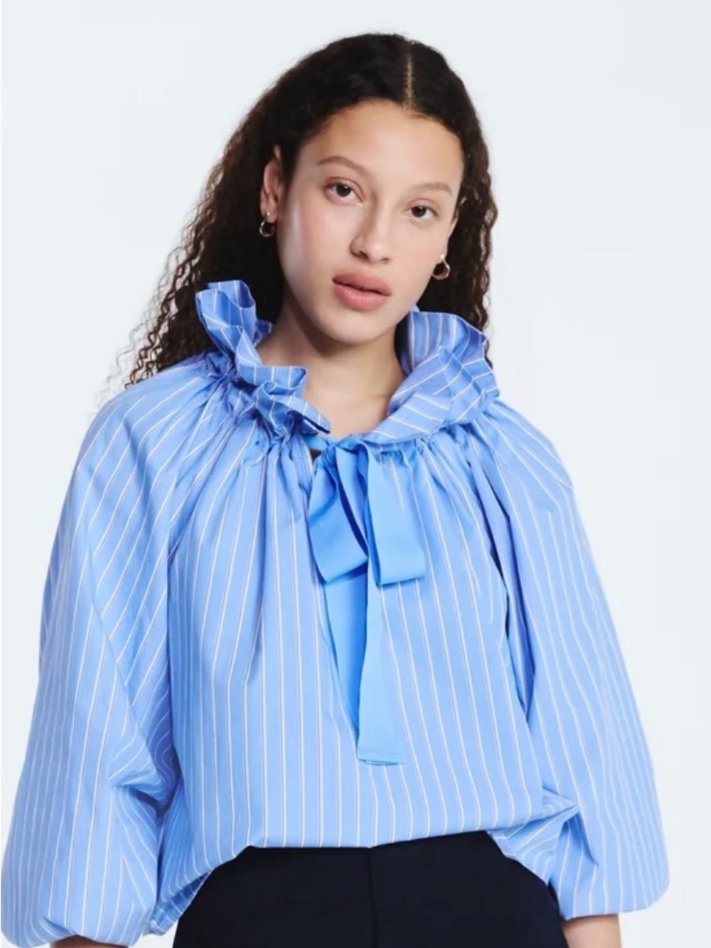 Women's Blue Pinstripe Ruffle-Neck Blouse